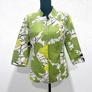 SilkLand Green and Yellow Leaf Print Button Down Open Jacket M